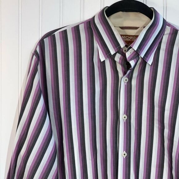 Michael Michael Kors Button Down Shirt Men Large Purple Stripped Long Sleeve - Picture 2 of 12